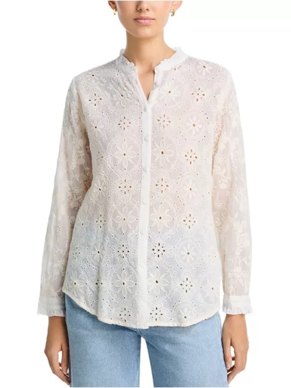 Johnny Was White Eyelet Floral Button-Up Blouse